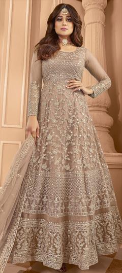 Bollywood Beige and Brown color Salwar Kameez in Net fabric with Anarkali Embroidered, Resham, Sequence, Thread work : 1934193