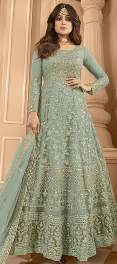 Bollywood Green color Salwar Kameez in Net fabric with Anarkali Embroidered, Resham, Sequence, Thread work : 1934195