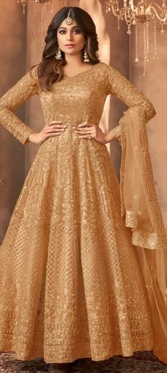 Bollywood Beige and Brown color Salwar Kameez in Net fabric with Anarkali Embroidered, Sequence, Thread work : 1934198