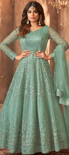 Bollywood Green color Salwar Kameez in Net fabric with Anarkali Embroidered, Sequence, Thread work : 1934201