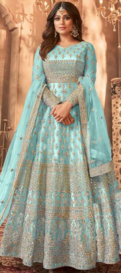 Bollywood Blue color Salwar Kameez in Net fabric with Anarkali Embroidered, Sequence, Thread work : 1934205