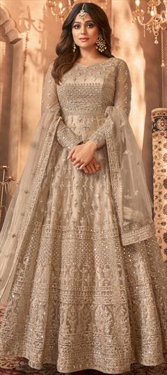 Bollywood Beige and Brown color Salwar Kameez in Net fabric with Anarkali Embroidered, Sequence, Thread work : 1934206