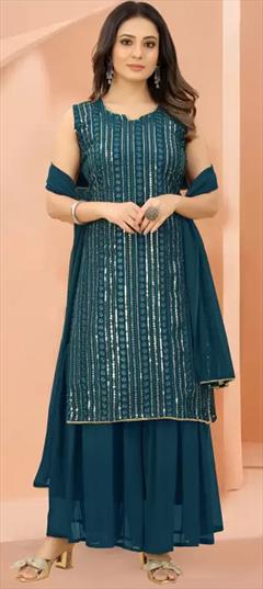 Festive, Party Wear, Reception Blue color Salwar Kameez in Georgette fabric with Sharara, Straight Lace, Sequence, Thread work : 1934214