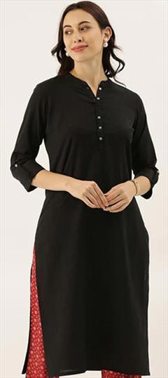 Casual Black and Grey color Kurti in Cotton fabric with Long Sleeve, Straight Thread work : 1934223