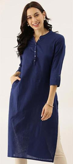 Casual Blue color Kurti in Cotton fabric with Long Sleeve, Straight Thread work : 1934226