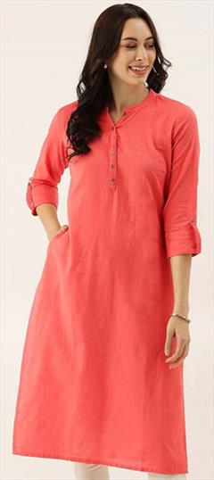 Casual Pink and Majenta color Kurti in Cotton fabric with Long Sleeve, Straight Thread work : 1934229