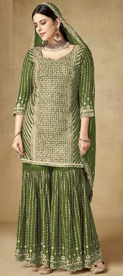 Festive, Wedding Green color Salwar Kameez in Art Silk fabric with Sharara, Straight Embroidered, Sequence, Zari work : 1934238