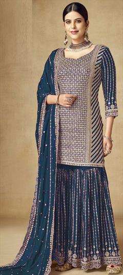 Festive, Wedding Blue color Salwar Kameez in Art Silk fabric with Sharara, Straight Embroidered, Sequence, Zari work : 1934245