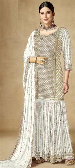 Festive, Wedding White and Off White color Salwar Kameez in Art Silk fabric with Sharara, Straight Embroidered, Sequence, Zari work : 1934246