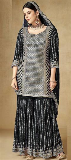 Festive, Wedding Black and Grey color Salwar Kameez in Art Silk fabric with Sharara, Straight Embroidered, Sequence, Zari work : 1934247