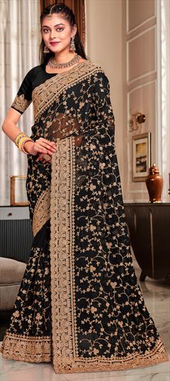 Festive, Party Wear, Reception Black and Grey color Saree in Georgette fabric with Classic Embroidered, Stone, Thread work : 1934250