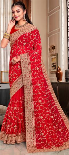 Festive, Party Wear, Reception Red and Maroon color Saree in Georgette fabric with Classic Embroidered, Stone, Thread work : 1934254