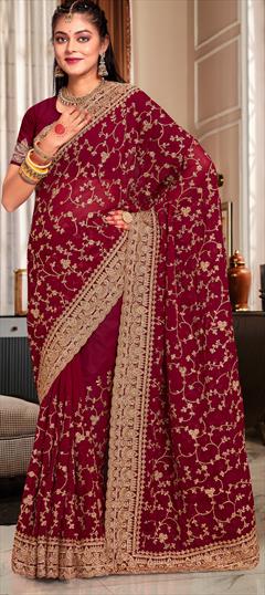 Festive, Party Wear, Reception Red and Maroon color Saree in Georgette fabric with Classic Embroidered, Stone, Thread work : 1934260