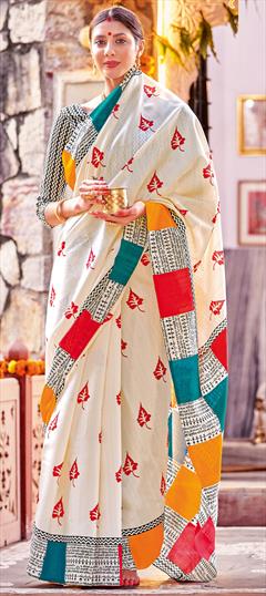 Party Wear, Traditional White and Off White color Saree in Bhagalpuri Silk fabric with South Printed work : 1934304