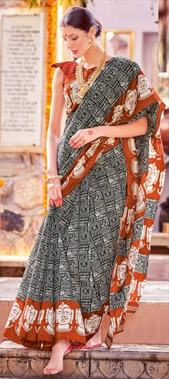 Party Wear, Traditional Black and Grey color Saree in Bhagalpuri Silk fabric with South Printed work : 1934307