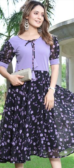 Casual Purple and Violet color Kurti in Georgette, Lycra fabric with A Line, Elbow Sleeve Printed work : 1934356