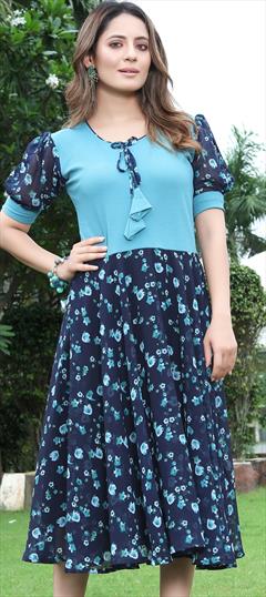 Casual Blue color Kurti in Georgette, Lycra fabric with A Line, Elbow Sleeve Printed work : 1934359