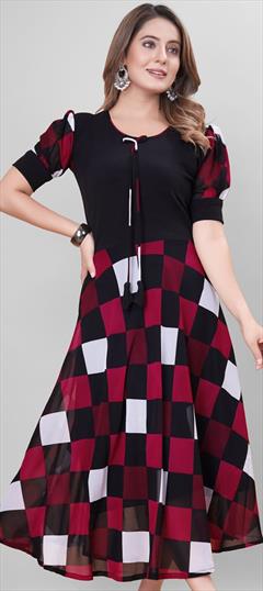 Casual Black and Grey color Kurti in Georgette, Lycra fabric with A Line, Elbow Sleeve Printed work : 1934361