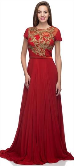 Festive, Reception Red and Maroon color Gown in Georgette fabric with Embroidered, Thread work : 1934367