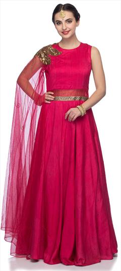 Festive, Reception Pink and Majenta color Gown in Silk fabric with Embroidered, Thread work : 1934368