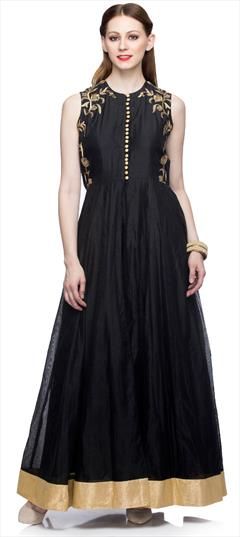 Festive, Reception Black and Grey color Gown in Chanderi Silk fabric with Embroidered, Thread work : 1934370