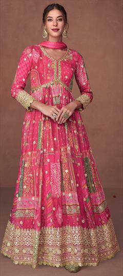 Festive, Reception Pink and Majenta color Salwar Kameez in Organza Silk fabric with Anarkali Embroidered, Printed, Sequence, Thread work : 1934392
