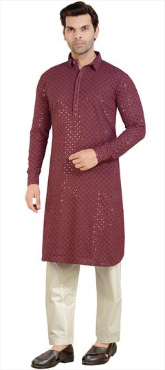 Festive Red and Maroon color Pathani Suit in Rayon fabric with Embroidered, Sequence, Thread work : 1934424