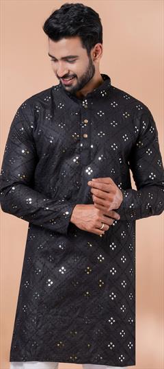 Party Wear Black and Grey color Kurta in Cotton fabric with Mirror, Sequence work : 1934426