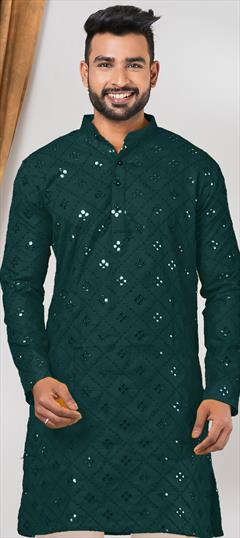Party Wear Green color Kurta in Cotton fabric with Mirror, Sequence work : 1934433