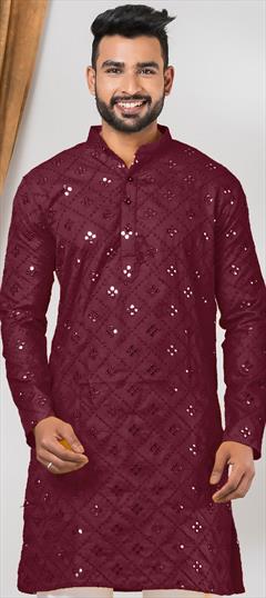 Party Wear Red and Maroon color Kurta in Cotton fabric with Mirror, Sequence work : 1934437