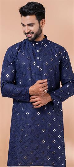 Party Wear Blue color Kurta in Cotton fabric with Mirror, Sequence work : 1934438