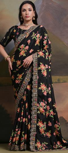 Festive, Traditional Black and Grey color Saree in Art Silk fabric with South Embroidered, Floral, Printed, Sequence work : 1934576
