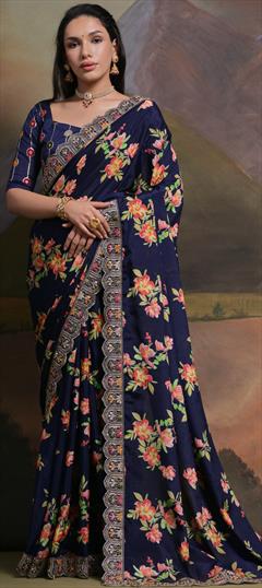 Festive, Traditional Blue color Saree in Art Silk fabric with South Embroidered, Floral, Printed, Sequence work : 1934577