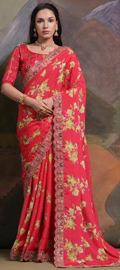 Festive, Traditional Pink and Majenta color Saree in Art Silk fabric with South Embroidered, Floral, Printed, Sequence work : 1934578