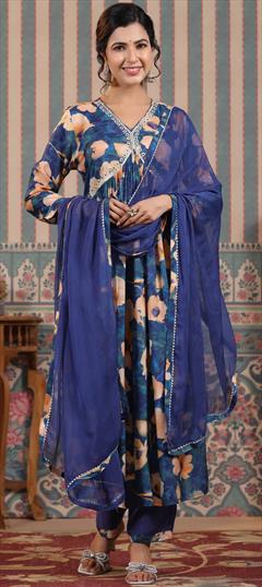 Designer, Festive, Reception Blue color Salwar Kameez in Muslin fabric with Anarkali Embroidered, Printed, Thread work : 1934580