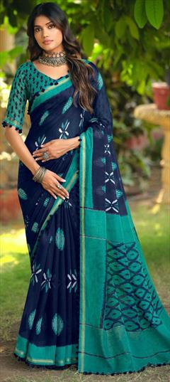 Casual, Traditional Blue color Saree in Cotton fabric with Bengali Lace, Printed work : 1934583