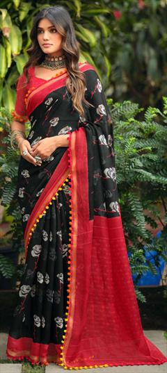 Casual, Traditional Black and Grey color Saree in Cotton fabric with Bengali Lace, Printed work : 1934586