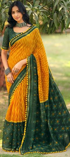 Casual, Traditional Green, Yellow color Saree in Cotton fabric with Bengali Lace, Printed work : 1934587