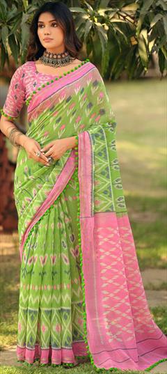 Casual, Traditional Green, Pink and Majenta color Saree in Cotton fabric with Bengali Lace, Printed work : 1934588