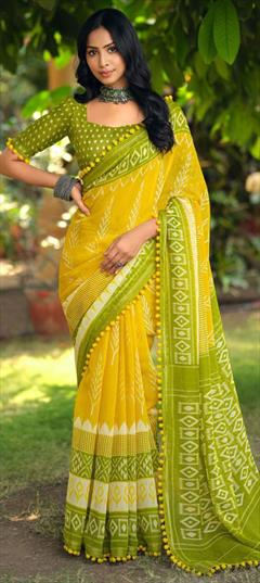 Casual, Traditional Green, Yellow color Saree in Cotton fabric with Bengali Lace, Printed work : 1934589