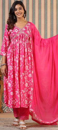 Designer, Festive, Reception Pink and Majenta color Salwar Kameez in Silk fabric with Anarkali Embroidered, Floral, Printed, Thread work : 1934590