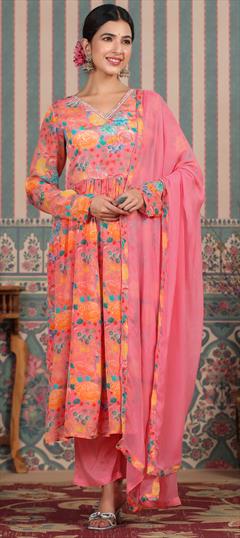 Designer, Festive, Reception Pink and Majenta color Salwar Kameez in Silk fabric with Anarkali Embroidered, Floral, Printed, Thread work : 1934601
