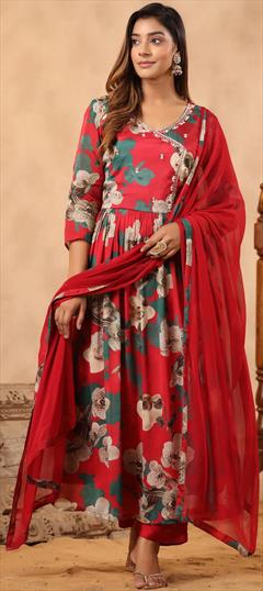 Designer, Festive, Reception Red and Maroon color Salwar Kameez in Silk fabric with Anarkali Embroidered, Floral, Printed, Thread work : 1934615