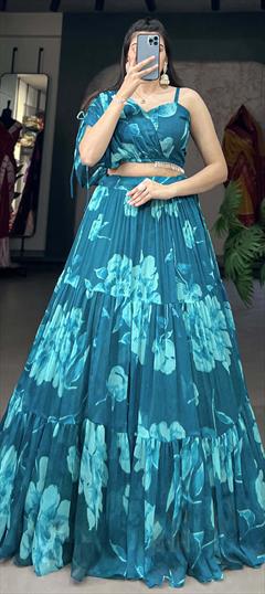 Mehendi Sangeet, Reception Blue color Ready to Wear Lehenga in Chiffon fabric with Flared Floral, Printed work : 1934642