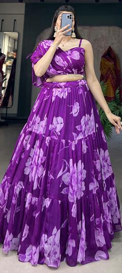 Mehendi Sangeet, Reception Purple and Violet color Ready to Wear Lehenga in Chiffon fabric with Flared Floral, Printed work : 1934644