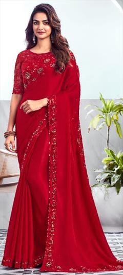 Bridal, Wedding Red and Maroon color Saree in Chiffon fabric with South Embroidered, Sequence, Thread work : 1934652