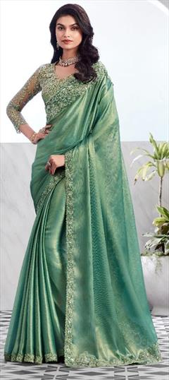 Bridal, Wedding Green color Saree in Shimmer fabric with South Embroidered, Sequence, Thread work : 1934655