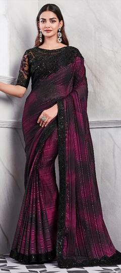 Bridal, Wedding Black and Grey, Pink and Majenta color Saree in Silk fabric with South Embroidered, Sequence, Thread work : 1934657