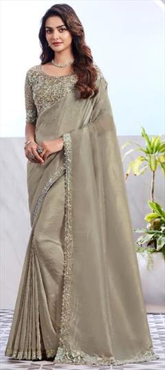 Bridal, Wedding Gold color Saree in Silk fabric with South Embroidered, Sequence, Thread work : 1934664