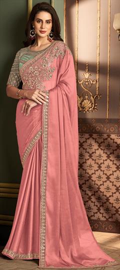 Festive, Traditional, Wedding Pink and Majenta color Saree in Silk fabric with South Embroidered, Sequence, Thread work : 1934692
